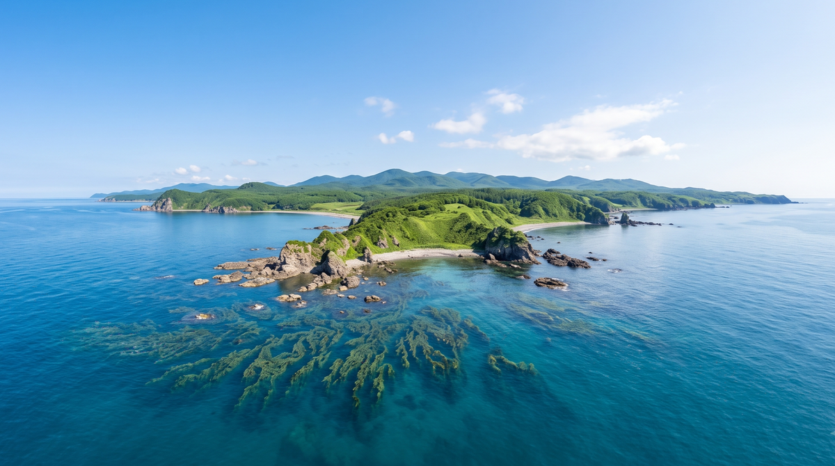 夏の北海道、昆布の見える澄んだ海岸