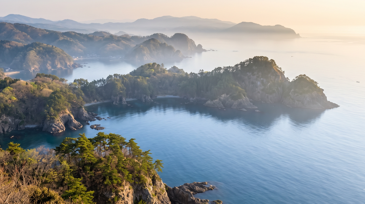 朝もやに包まれた早春の三陸のリアス海岸