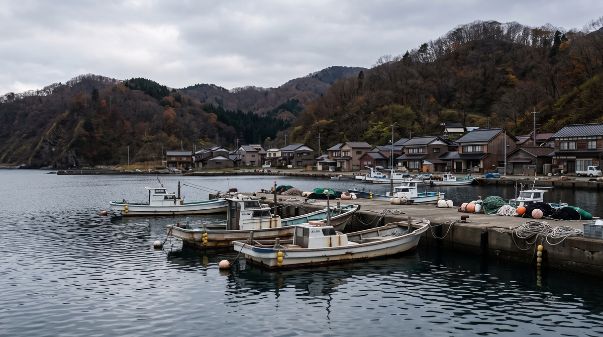 晩秋の道南、船が停泊する静かな漁港